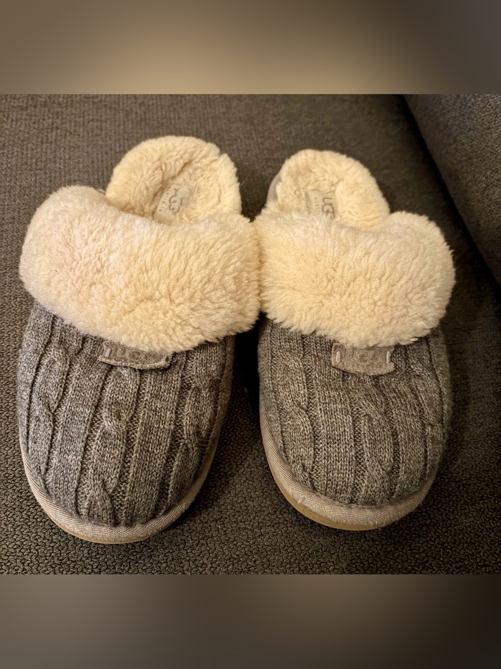 UGG Gray Cable-Knit Plush Shearling Slippers